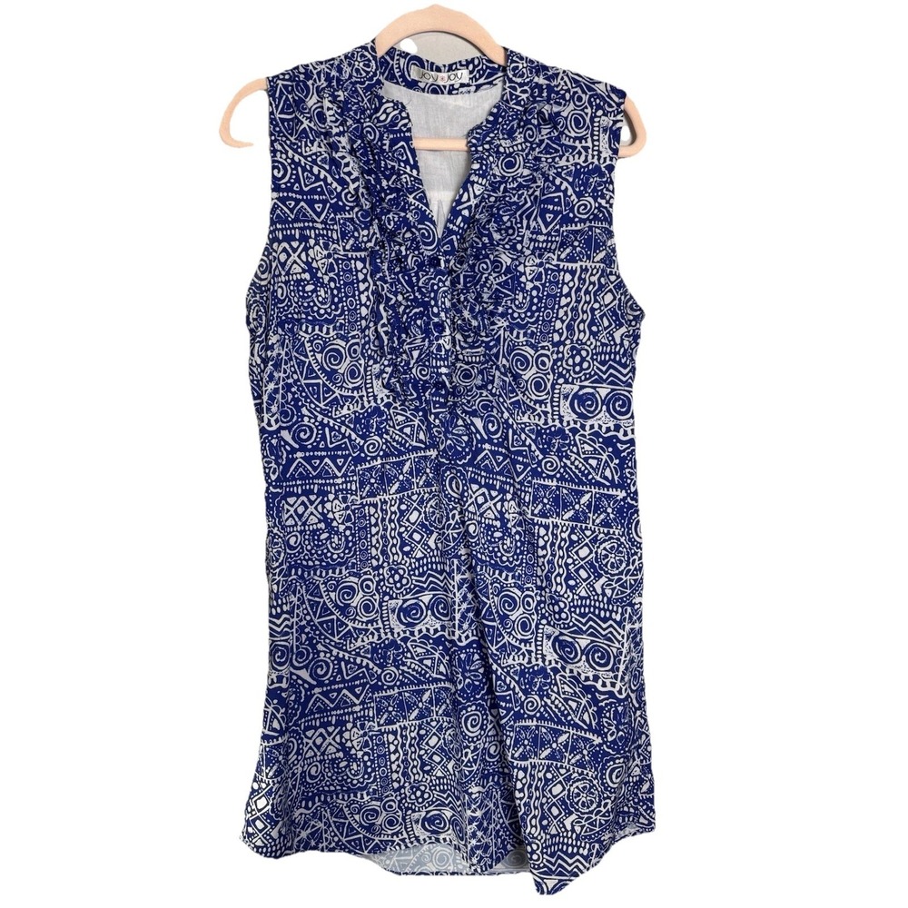 Joy Joy Blue White Abstract Print Sleeveless Ruffle Shift Dress Approx S/M
